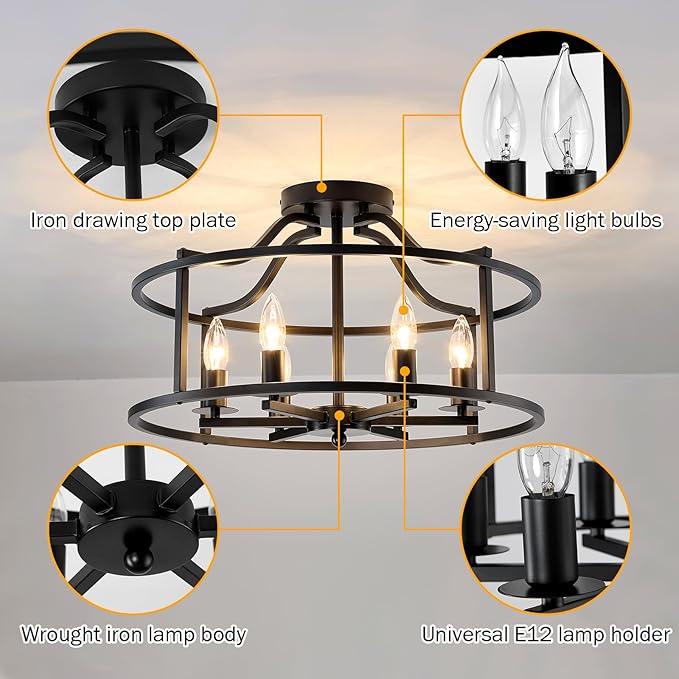 UOFUS Black Farmhouse Chandelier 6-Light Metal Dining Room Light Fixture Modern Industrial Semi Flush Mount Ceiling Light Fixture for Kitchen Island Bedroom Entryway Hallway Foyer E12 Base