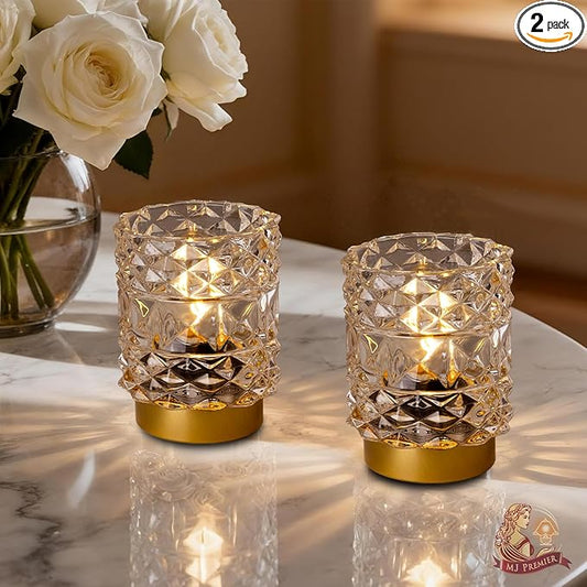 Battery Operated Lamp with Timer, Cordless Table Lamps for Shelf Decor, Rhombus Texture Aesthetic Crystal Lamp, Small Decorative Lamps for Bedroom/Bathroom/Kitchen/Entryway/Dorm (2 Pack Clear)