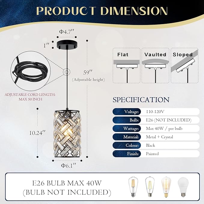 Black Crystal Pendant Light Fixture Modern Mini Chandelier Hanging Light for Kitchen Island, Dining Room, Bedroom, Hallway, Living Room, Porch