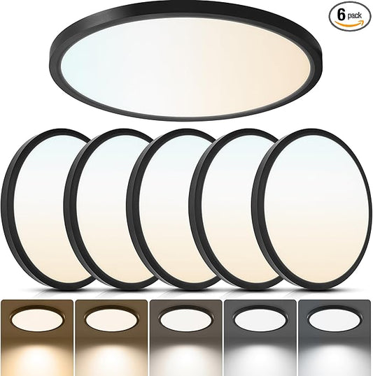 6-Pack 12 Inch Black Low Profile LED Flush Mount Fixtures- 24W 2640LM Flicker-Free, 5CCT Selectable(2700K-6500K), Eye-Friendly Ceiling Light for Bedroom, Kitchen, Hallway, Laundry