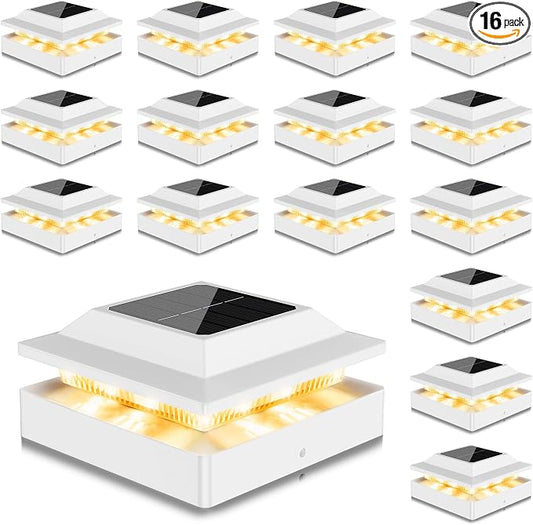 Solar Post Cap Lights 16-Pack, IP65 Waterproof Fence Post Solar Lights for 4x4 Wood/Vinyl Posts, Outdoor Post Lights with 2 Color Modes Decorate Garden Patio Porch Backyard, White