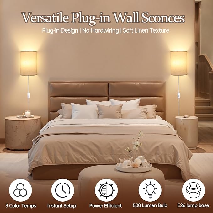 Shenmoyl Plug in Wall Sconces Set of 2 - Dimmable 3 Light Modes, Soft Fabric Linen Shade, Easy Install Wall Lamp for Bedroom, Corridor, Living Room Indoor Ambience Lighting with Switch