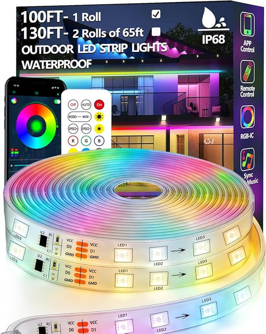 100FT Outdoor LED Strip Light Waterproof,IP68 Outside RGB+IC Light Strip with App/Remote Control,Chase Mode,Music Sync Light for Balcony,Deck,Rooftop,Garden,Pool