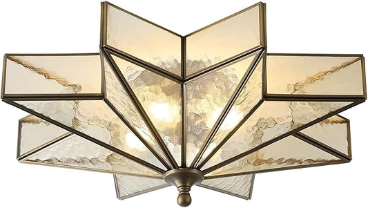 Star Vintage Bronze Ceiling Light - 19.7 in Large Hammered Glass Antique Flush Mount Fixture - Mid Century Black Art Deco Lighting for Kitchen Hallway Bedroom Bathroom Laundry Entryway Farmhouse Hall