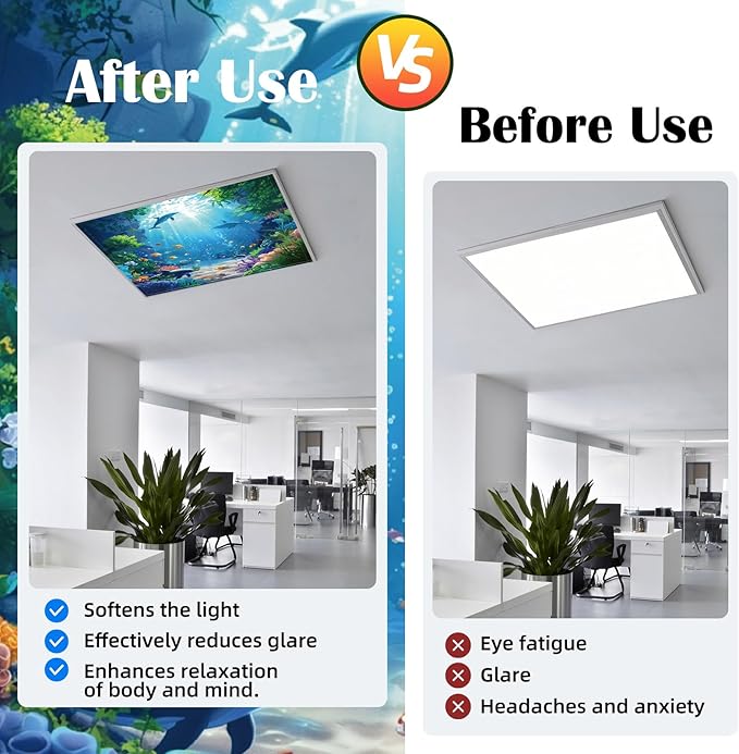 ANGSYLTH 2 x 2 Feet Fluorescent Light Covers - 4 Pcs Covers for Ceiling Lights, Magnetic Light Filters for Classroom, Office, Hospitals, Home (Underwater World)