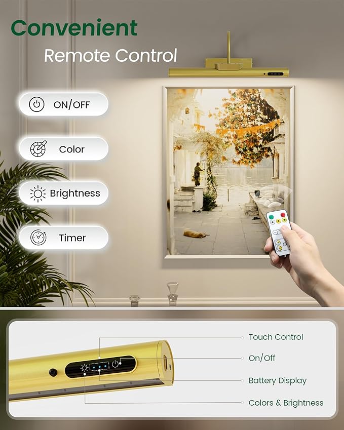 Bridika Picture Light Battery Operated, 19.7in Picture Lights for Wall, 3 Colors & Brightness Dimmable, Rechargeable Art Light for Paintings Photo Dartboard Gallery Bedroom Bathroom Gold