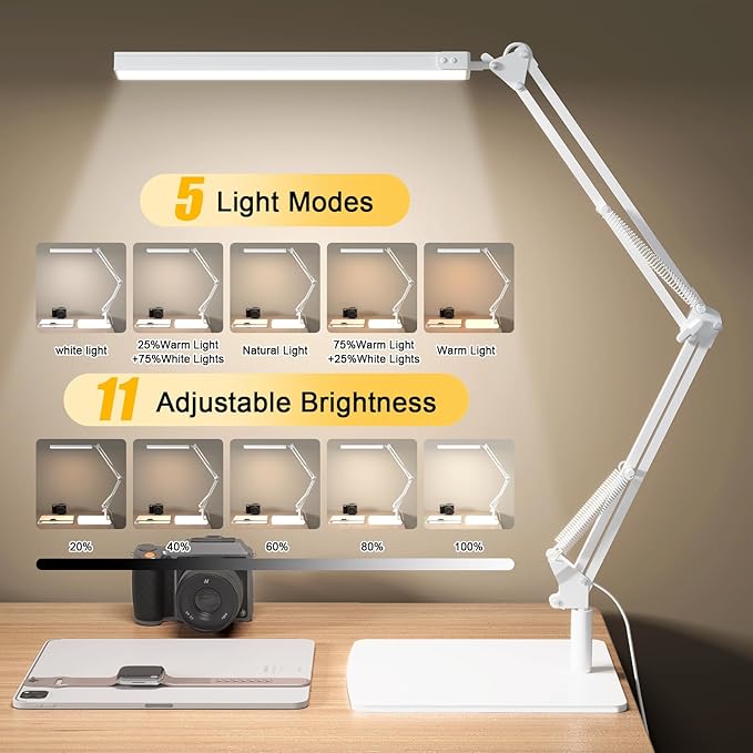 TROPICALTREE Swing Arm Desk Lamp with Base, 80 LED Beads, 5 Color Modes & 11 Brightness Levels, 360° Adjustable Arm, Eye-Caring Light CRI95, Timer & Memory Function, for Office, Study, Crafting