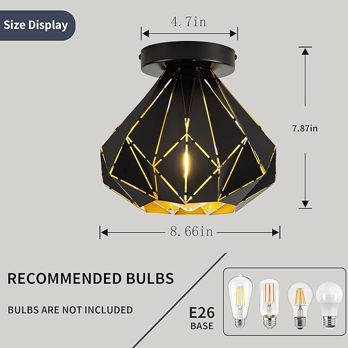 Modern Geometric Ceiling Light, Black Metal Diamond Cage Design, Semi-Flush Mount, Industrial Style, E26, Matte Black with Gold Inside