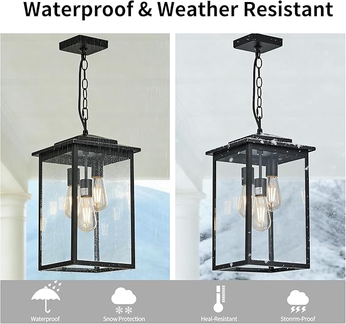 Outdoor Hanging Light Fixture 3-Light, Modern Black Metal Outside Chandelier Exterior Hanging Fixture Ceiling Mount with Clear Glass Shade for Front Porch Entrance Foyer Entryway(Bulbs not Included)
