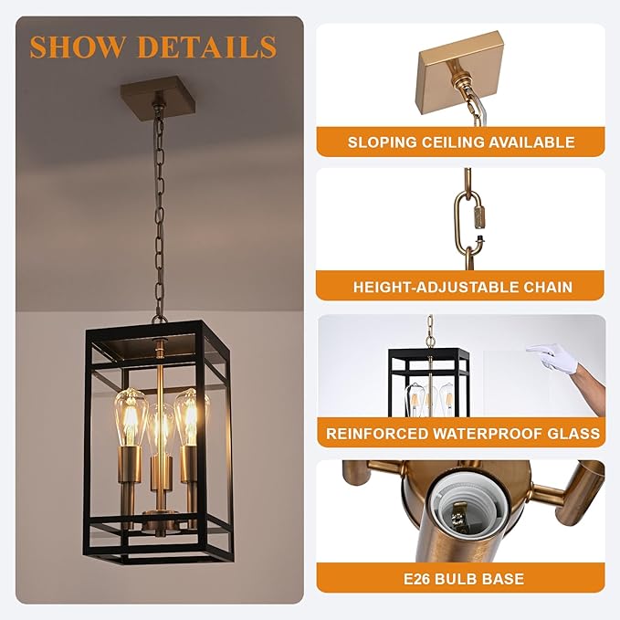 VINLUZ 3-Light Outdoor Pendant Light with Adjustable Chain, 16" Black and Gold Finish Outdoor Hanging Light Fixture, Exterior Hanging Lantern Chandelier for Entryway Patio Garden