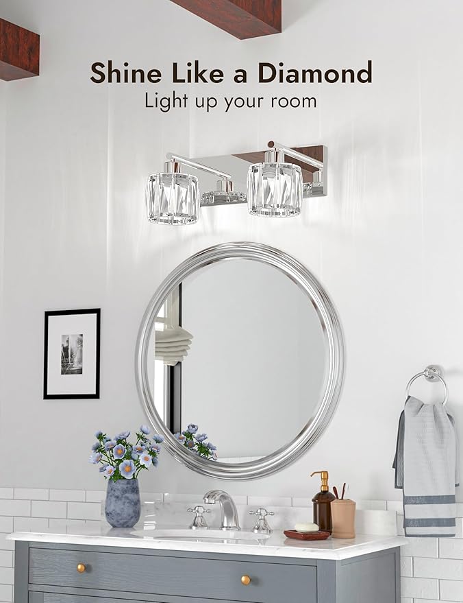 VOLISUN Crystal Vanity Lights - 2 Light Modern Stainless Steel Bathroom Light Over Mirror, Chrome Finish - UL Certificated (Exclude Bulb)