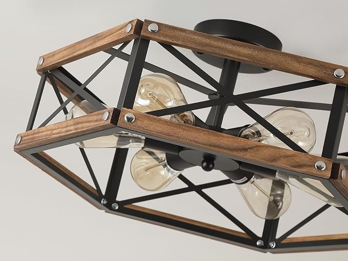 6-Light Large Rustic Farmhouse Wood Flush Mount Ceiling Light Fixture 20 inch Oak Wood and Metal Cage Semi Flush Mount Ceiling Light for Hallway Entry Dining Farmhouse Bedroom Living Room, Black