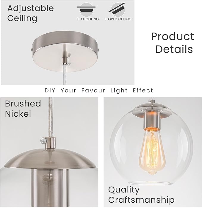 Globe Pendant Light, Modern Hanging Lighting Fixture, Classic Cluster Chandelier with Clear Glass Shades(Brushed Nickel, 1 Lights, 4.7 Inch)