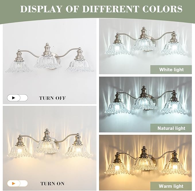 Brushed Nickel Bathroom Light Fixtures Over Mirror, 3 Light Vintage Bathroom Vanity Light Fixture with Clear Flower Glass Shades, Retro Vanity Lights for Bathroom, Bathroom Vanity Lights Over Mirror