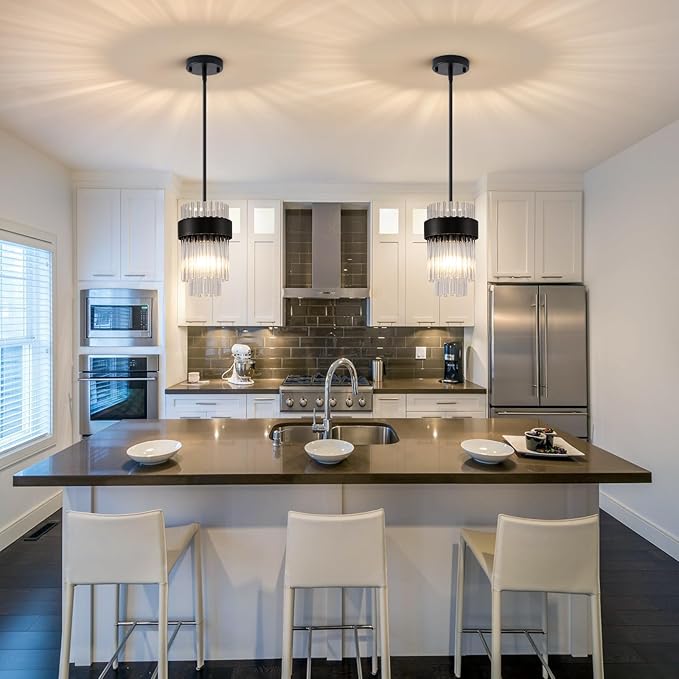 Dijiahua Black Pendant Lights Kitchen Island 3 Pack,Modern Crystal Pendant Light Fixtures Over Table, Mini Dining Room 1-Light Chandelier,Adjustable Cord Hanging Lamp for Bedroom,Hallway