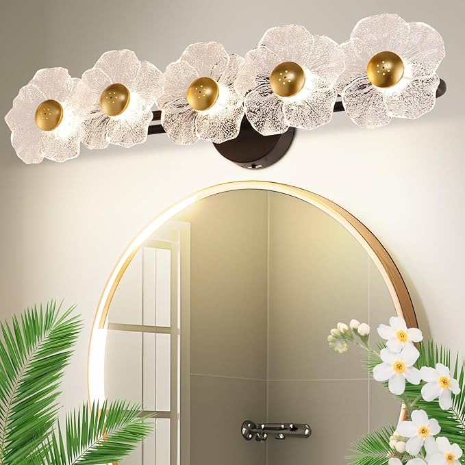 26.7" Black Bathroom Light Fixtures 5 Light Floral Bathroom Vanity Light, 3-Color Temperature Vanity Light Elegant Led Wall Lights Cordless Wall Sconces for Decor,Restroom,Livingroom,Bedroom
