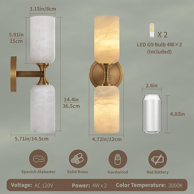 Alabaster Wall Sconce, Solid Brass Sconce with Natural Spanish Alabaster, 14.4 in Vanity Lights for Bathroom, Hardwired Wall Lamp for Bedroom Living Room Staircase Hallway, G9 LED Bulb