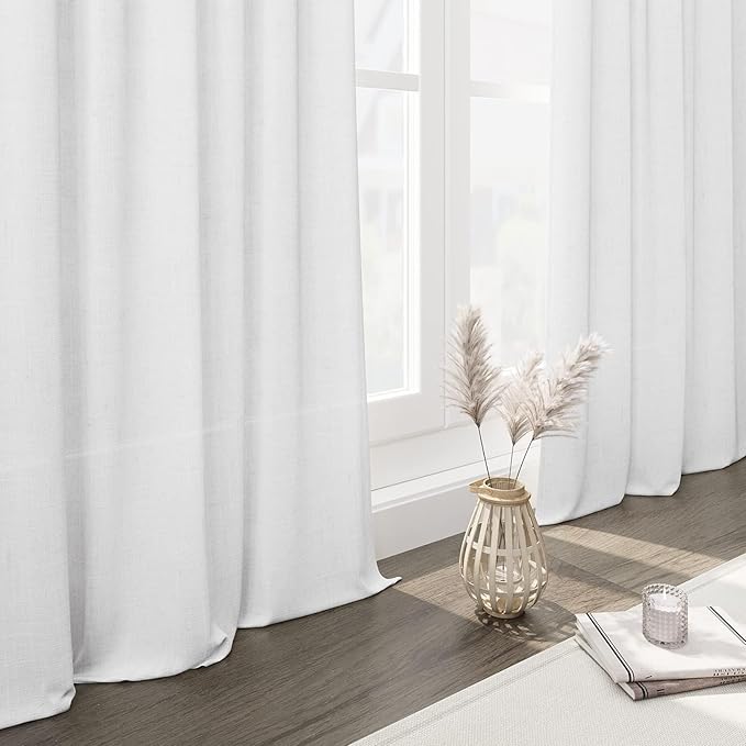 Nanspring White Linen Curtains 80 Inch Length for Living Room Doorway Back Tab and Rod Pocket Light Filtering Curtains Modern Farmhouse for Bedroom Office 34 x 80 Inch, 2 Panels