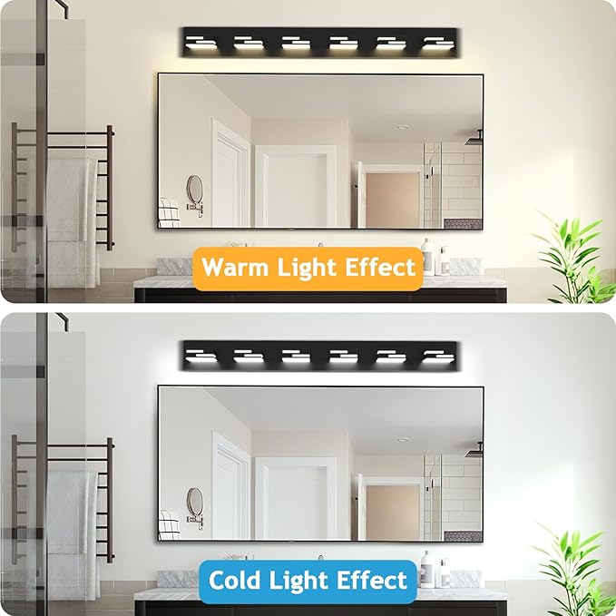 LED Modern Bathroom Vanity Light Fixtures 6-Light 40-inch 5CCT Dimmable Matte Black Vanity Lights for Bathroom Lighting Fixtures Over Mirror, with 360° Rotatable Acrylic Heads