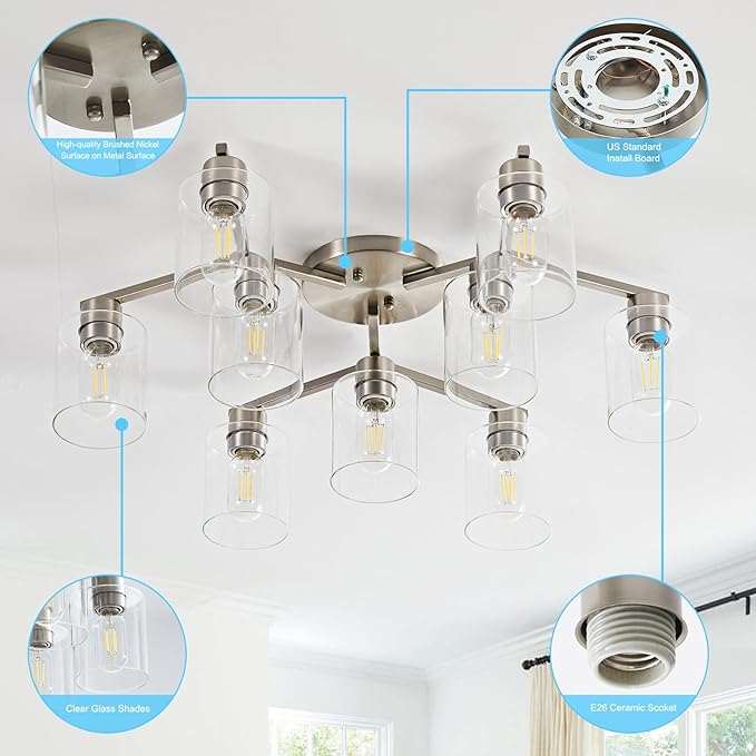 Brushed Nickel 9 Light Dining Room Ceiling Light Fixture Large Semi Flush Mount Ceiling Light Fixture Kitchen Lighting Fixtures Ceiling Light for Living Room with Clear Glass Shades
