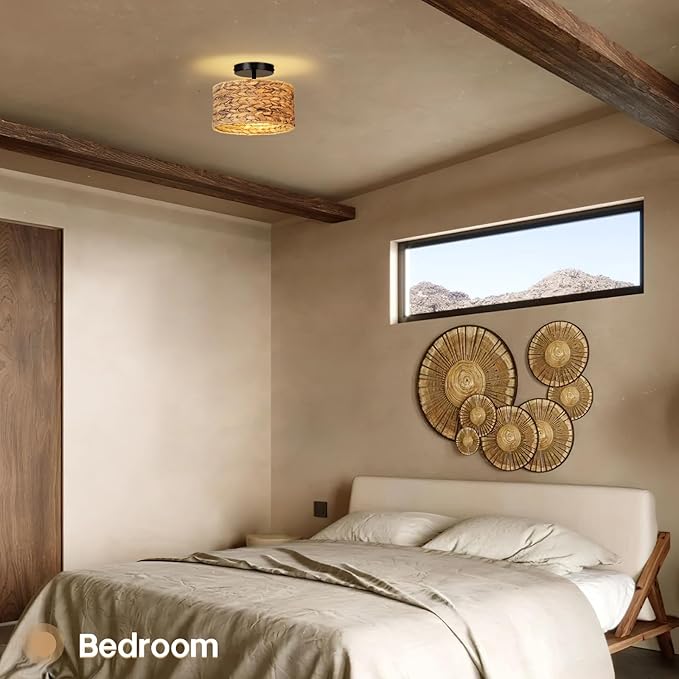 Boho Light Fixtures,11.8'' Rattan Semi Flush Mount Ceiling Lights Fixture，Farmhouse Drum Ceiling Light for Hallway Bedroom Kitchen Nursery Entryway