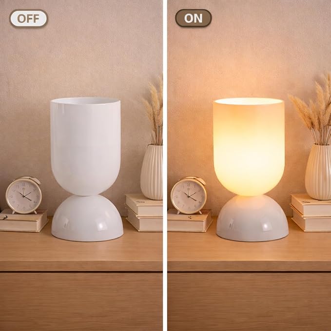 8.9" Modern Glass Table Lamp for Living Room, Dimmable Desk Lamps for Bedroom, UL Listed Nightstand Lamp with Dome Base, End Table Lamps for Home, Side Tables, College Dorm, Office, Glossy White