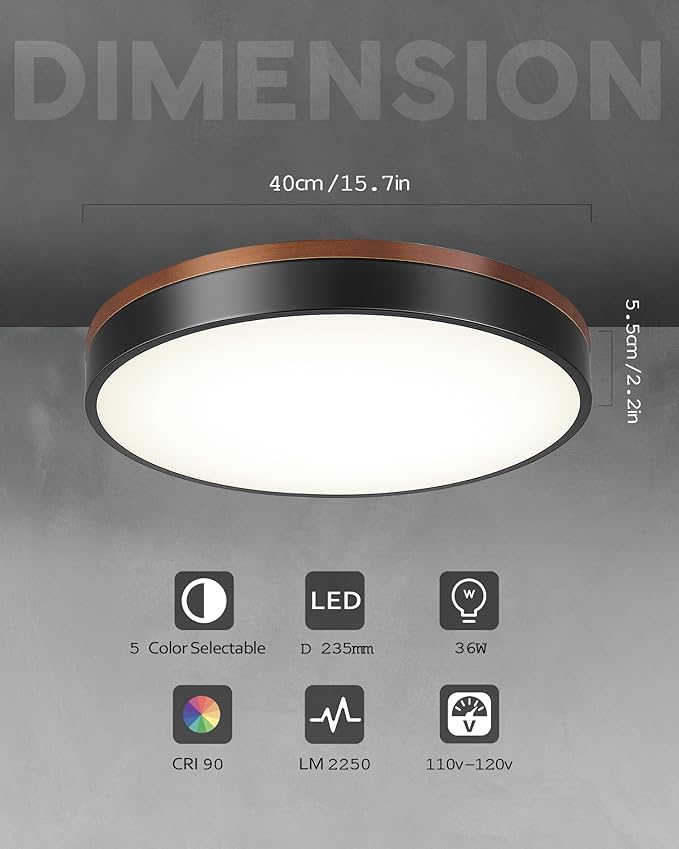 Ken & Ricky 16 Inch Wood Flush Mount Ceiling Light,Modern Led Ceiling Light Fixtures Ceiling Mount, 24W 3000K-6500K Color Dimmable for Bedroom Kitchen Bathroom Hallway 1PK
