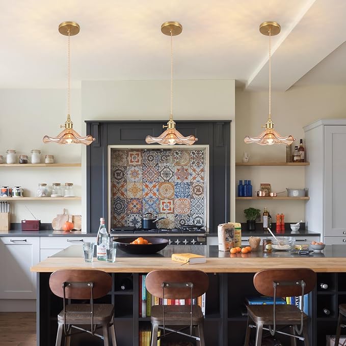 Glass Pendant Light Vintage Light Fixtures,Amber Modern Chandelier Pendant,E26 8.8" Adjustable Hanging Light,Flower Pendant Lights Kitchen Island for Farmhouse Entryway Dining Room 1 Light