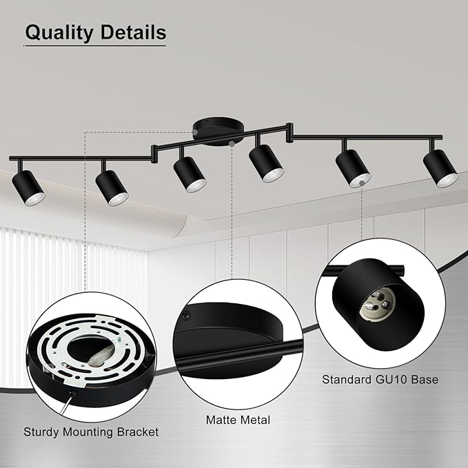 AUQUEE 6 Light Track Lighting Fixtures Ceiling, Matte Black Kichen Track Lighting Fixtures with Rotatable Light Heads, Foldable Lamp Arms, Modern LED Track Lights for Kitchen/Hallway, No GU10 Bulb