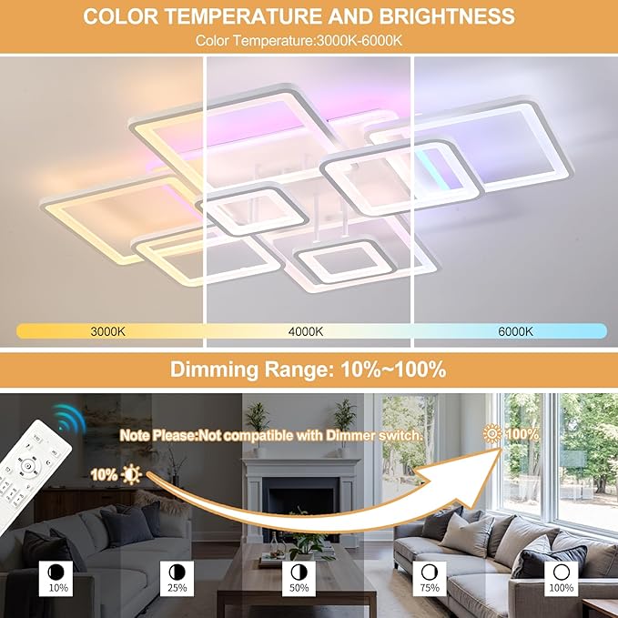 Modern LED Ceiling Light, 100W Dimmable LED Chandelier Black Flush Mount Ceiling Lights, Remote Control Acrylic Ring Ceiling Lamp Fixture for Living Room Dining Room Bedroom,White,3000-6000K