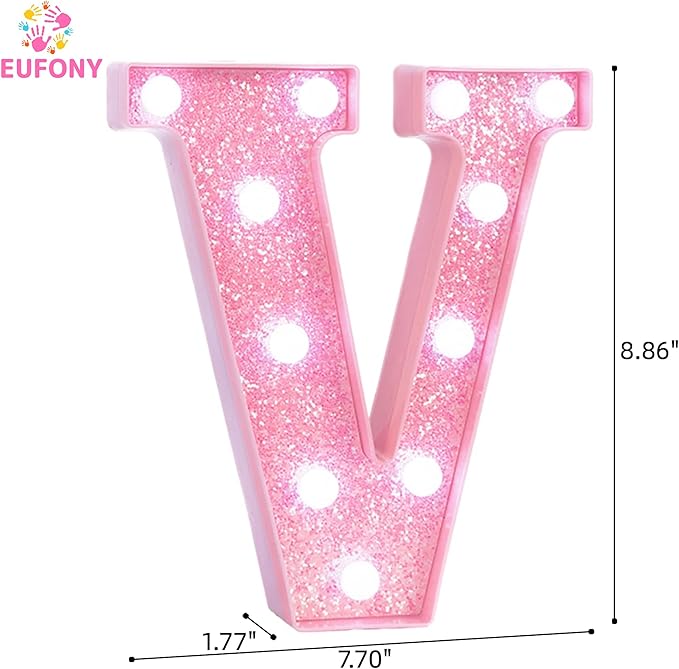 Pink Marquee Light Up Letters, Glitter Alphabet LED Letter Lights for Pink Birthday Party Decorations, Battery Operated Letter Sign for Girls Room Vanity Table Decor, Cool White Lights Letter V