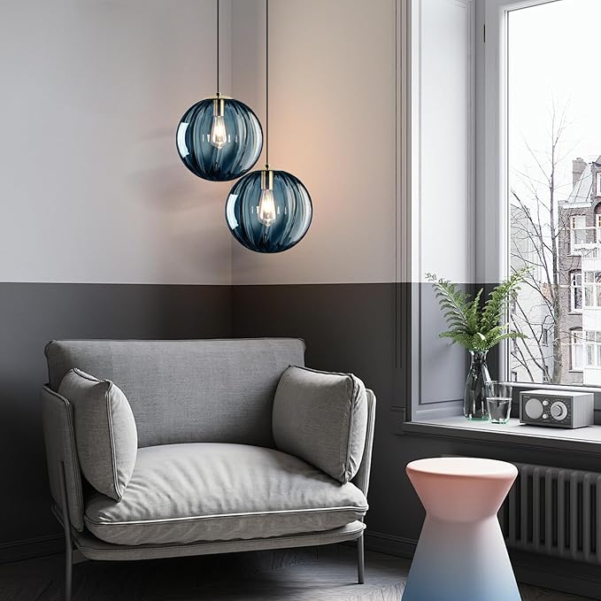 Modern Blue Glass Pendant Light, Kitchen Island Lighting 2-Pack Globe Pendant Light Fixtures Century Kitchen Island Pendant Lighting for Bedroom Living Dining Room Light Fixture (Without Bulb)