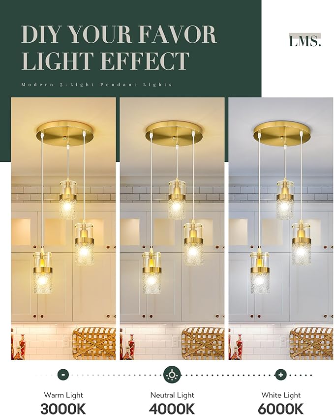 LMS 3-Light Pendant Light Fixtures, Brushed Gold Farmhouse Kitchen Island Light, Industrial Adjustable Hanging Pendant Lighting, Cluster Chandeliers, LMS-189