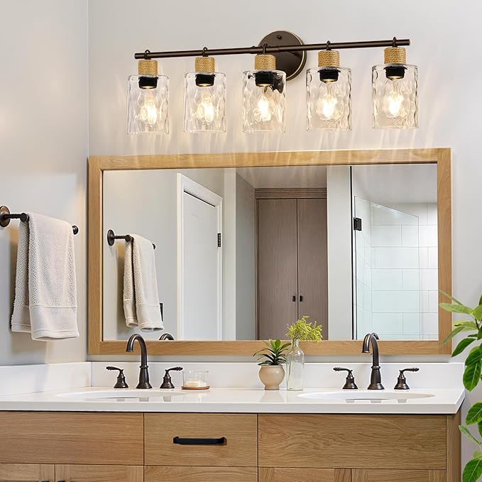 MOKATNG Bathroom Light Fixtures, 5-Light Coastal Vanity Lights with Crystal Glass Shade, Oil-Rubbed Bronze Bathroom Wall Lamp for Mirror Kitchen Hallway Cabinet