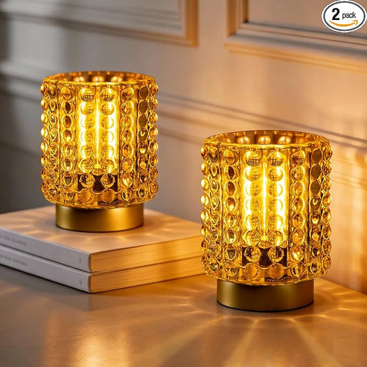 Battery Operated Lamp with Timer, Mini Crystal Table Lamps for Home Decor, Small Cordless Lamp for Areas No Outlets, Glass Battery Powered Lamps for Entryway, Bedroom, Bathroom, Shelf (2 Yellow)