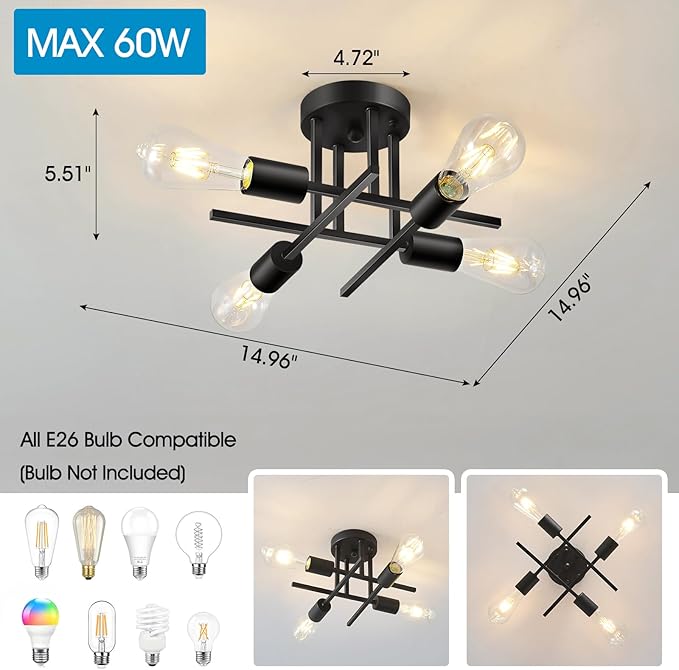 EGM Kitchen Ceiling Light Fixtures Matte Black, 4-Light Modern Sputnik Chandelier with E26 Bulb Base, Close to Ceiling Light for Dining Room Farmhouse Kitchen Bedroom (2 Pack)