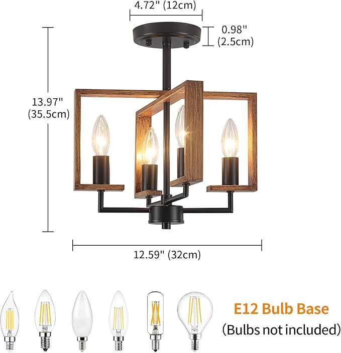 4-Light Farmhouse Ceiling Light, Semi Flush Mount Ceiling Light Fixture, Kitchen Island Lighting Rustic Wood Metal Geometric for Hallway Dining Room Entryway Laundry Bedroom