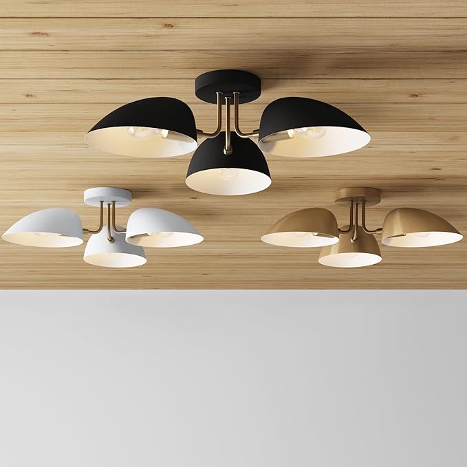 Nathan James Argo Semi Mount Flush Ceiling Light, 3-Lights Modern Retro Lighting with White Rounded Shades for Hallway, Dining Room and Bedroom, Brass Gold/White
