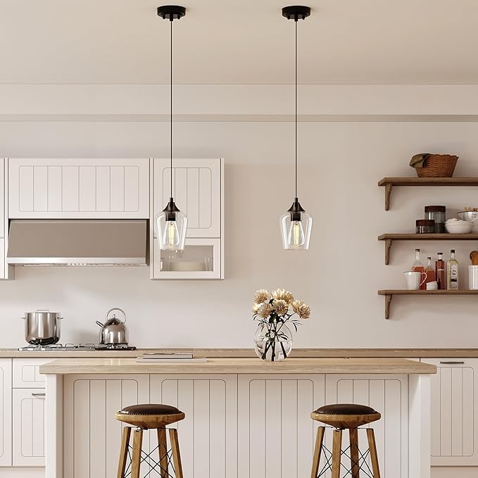 VONLUCE Pendant Lights Kitchen Island, Matte Black Pendant Light Fixtures with E26 Base & Adjustable Cable, Modern Pendant Lighting with Glass Shade for Living Room Bedroom Hallway, 2 Packs