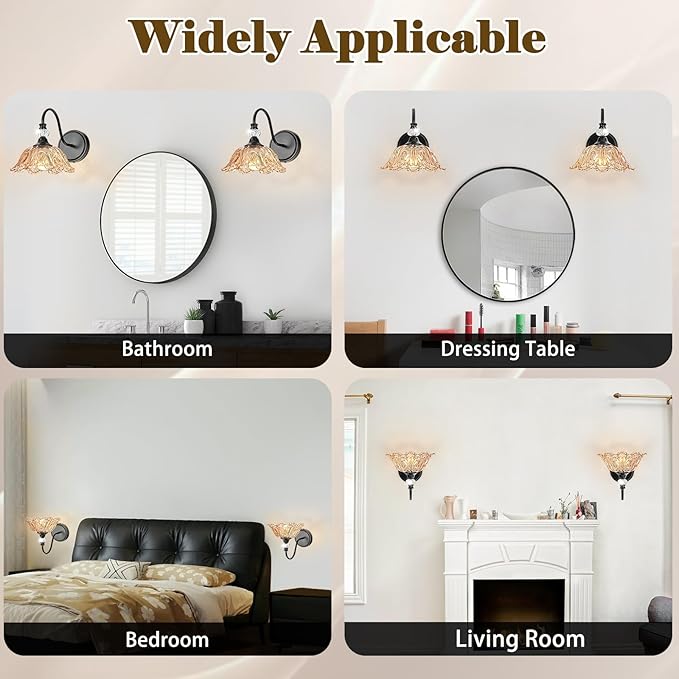 Black Wall Sconces with Floral Amber Glass Shades, Black Farmhouse Wall Mount Lighting for Bathroom,Vintage Bathroom Vanity Light Fixtures