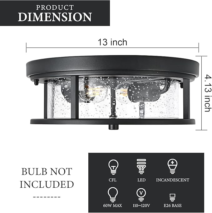 Black Ceiling Light Fixtures Flush Mount Light, 2 Bulb with Glass Flush Mount Ceiling Lights Fixture Bedroom, Indoor Outdoor Ceiling Lights for Porch Hallway Kitchen