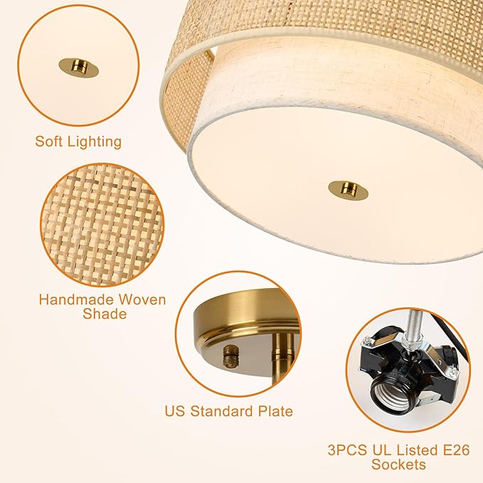 Semi Flush Mount Ceiling Light, 16" Gold Light Fixtures Ceiling Mount, 3-Light Boho Rattan Linen Drum Light Fixture, Modern Farmhouse Chandelier for Bedroom Entryway Living Room Hallway Foyer
