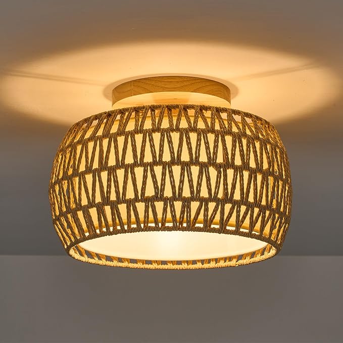 Boho Rattan Flush Mount Ceiling Lights 12 Inch Farmhouse Ceiling Light Fixtures Rustic Wicker Hand Woven Rope Cage for Dining Room Kitchen Bedroom Foyer Hallway Entryway