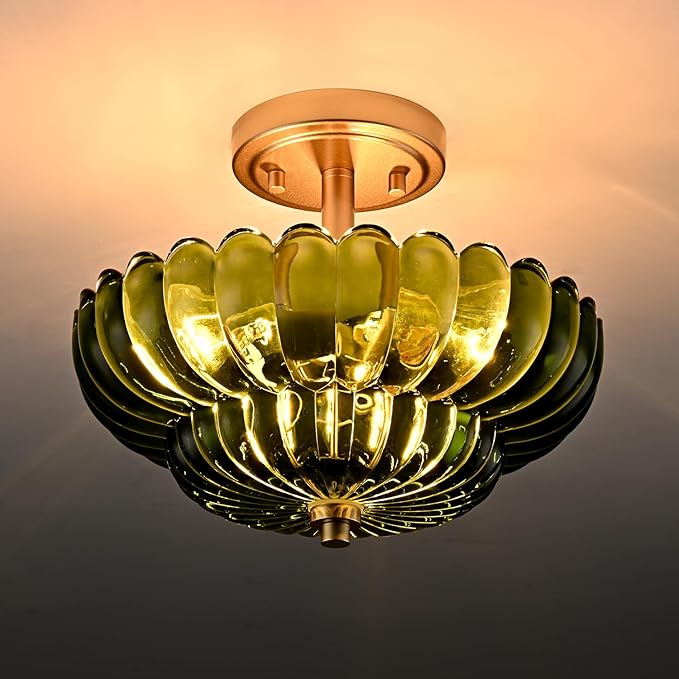 Semi Flush Mount Ceiling Light Fixture, Green Glass 3-Light Modern Vintage Ceiling Lights, Scalloped Close to Ceiling Light, Gold Base Flush Mount Ceiling Light for Hallway Bedroom Entryway Kitchen