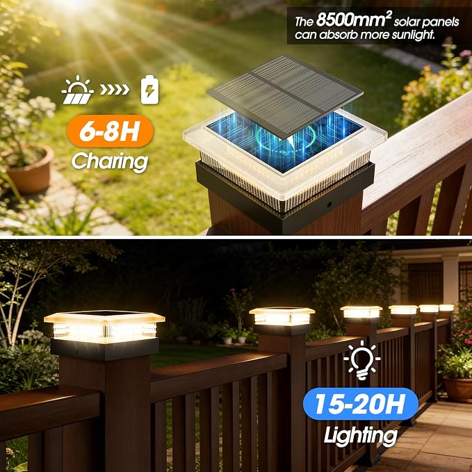 4x4 96 LED Post Solar Lights 8 Pack, 4 Lighting Modes Solar Post Cap Lights for 4x4 3.5x3.5 Wood/Vinyl Posts, Ip67 Waterproof Fence Deck Post Lights Solar Powered for Patio Porch, Black