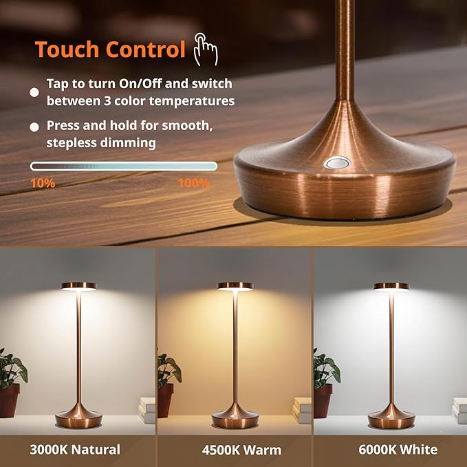 Brown Cordless Table Lamp, Rechargeable 6000mAh Battery Powered LED Desk Lamp, Portable Metal Touch Lamp with 3-Level Dimming, Waterproof for Restaurant, Dining, Patio, Home Decor (2 Brown)