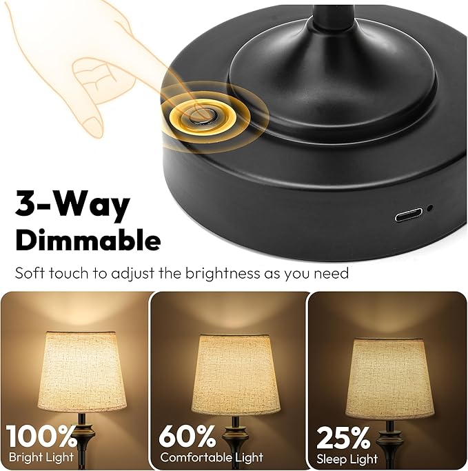 NIORSUN Portables Cordless Table Lamp, 10.2" Battery Operated Lamp, Bedside Table Lamp with Warm White Color,3 Way Dimmable Touch Desk Lamp for Bedroom Living Room Restaurant Black