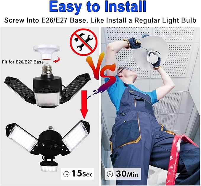 LED Garage Light, 80W 8000 Lumen Ceiling Lights with 3 Adjustable Panels, 6500K Daylight Light Bulb Fixture LED Lights for Garage, Workshop