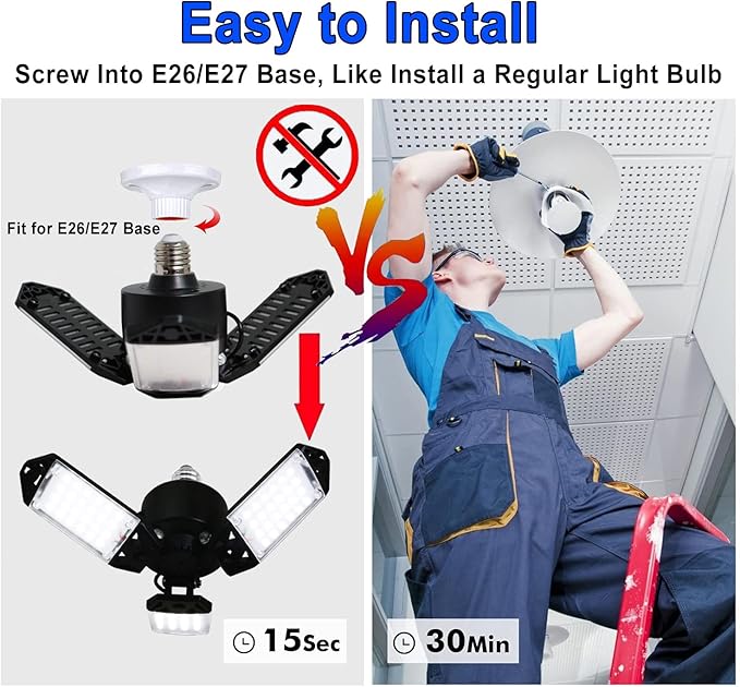 LED Garage Light, 80W 8000 Lumen Ceiling Lights with 3 Adjustable Panels, E26/E27 6500K Daylight Light Bulb Fixture LED Lights for Garage, Barn, Attic Workshop Bay Light (80W 4Pack)