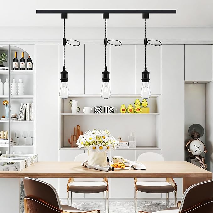 Universal H-Type Pendant Track Lights Kit with 3 Bulbs,3-Pack Black Track-Mounted Hanging Fixtures 4000K Natural Light Bulbs, E26 Socket for Kitchen Island and Dining Room